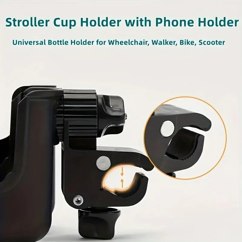 2-in-1 Universal Stroller Water Cup Holder With Phone Holder,